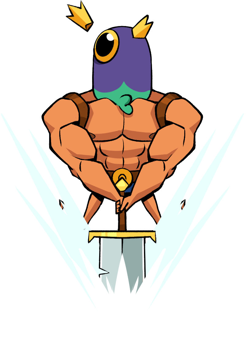 Dance Knight planting his sword, flexing, crown floating